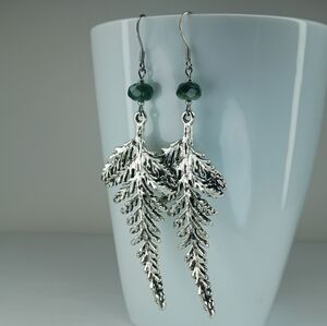 HAND CRAFTED Artisan Silver Fern Leaf Earrings Moss Agate Boho Nature Gift